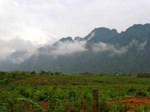 The clouds starting to lift from the mountains after the rain.  