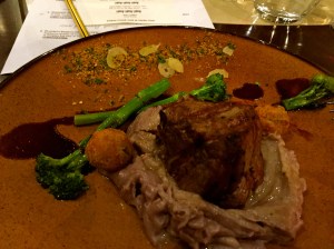 Exquisite veal fillet, vitelotte potato puree, broccolini and jus.