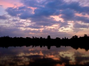 Just before sunrise at Angkor Wat on an overcast morning. 